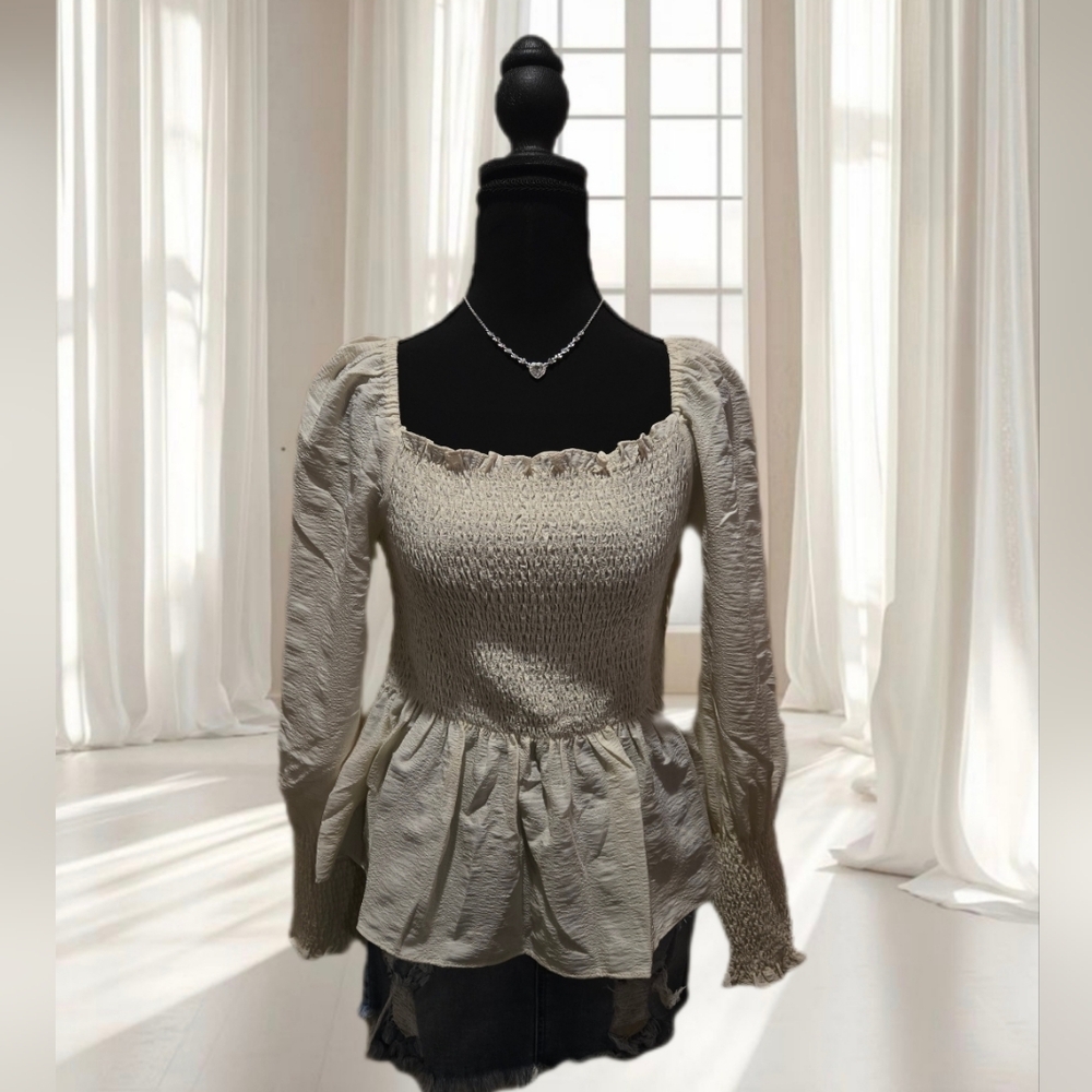 Elegant Cream Smocked Blouse